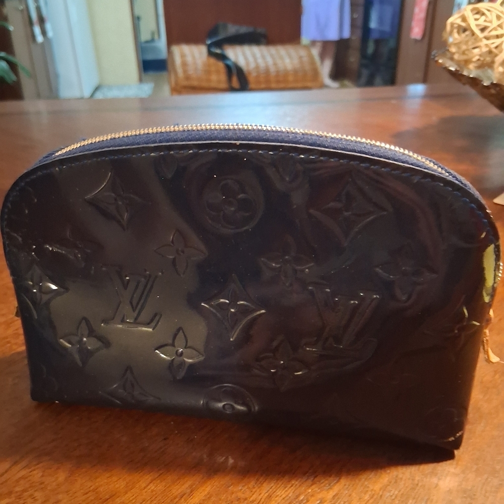 Designer Navy Blue Monogram Cosmetics Pouch - Picture 2 of 16